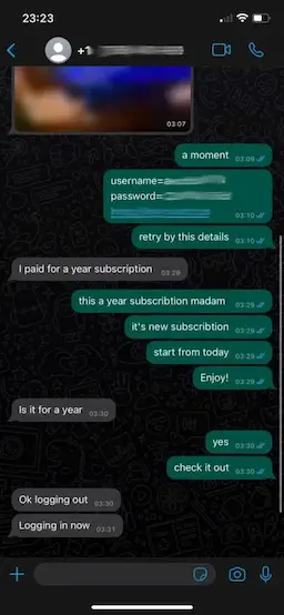 A screenshot of a mobile chat conversation discussing the purchase of 20 credits for an IPTV reseller panel.
