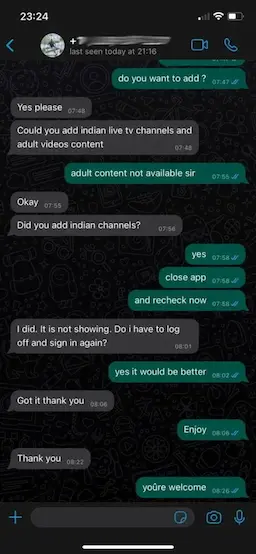 A screenshot of a mobile chat conversation discussing the purchase of 20 credits for an IPTV reseller panel.