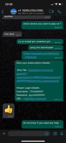 A screenshot of a mobile chat conversation discussing the purchase of 20 credits for an IPTV reseller panel.