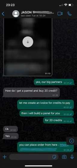 A screenshot of a mobile chat conversation discussing the purchase of 20 credits for an IPTV reseller panel.
