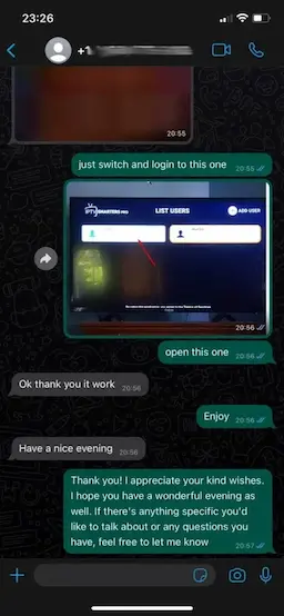 A screenshot of a mobile chat conversation discussing the purchase of 20 credits for an IPTV reseller panel.