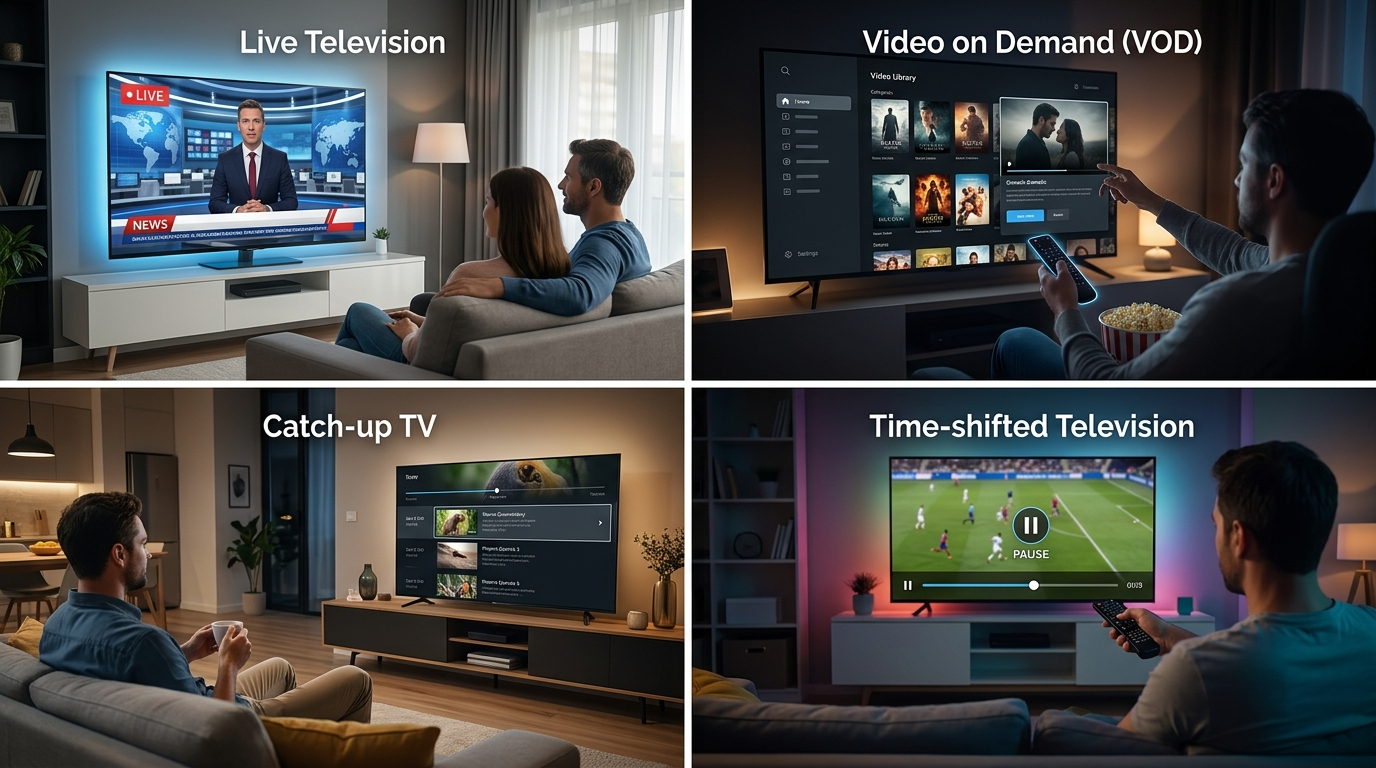 Types of IPTV including live TV, VOD and catch-up television