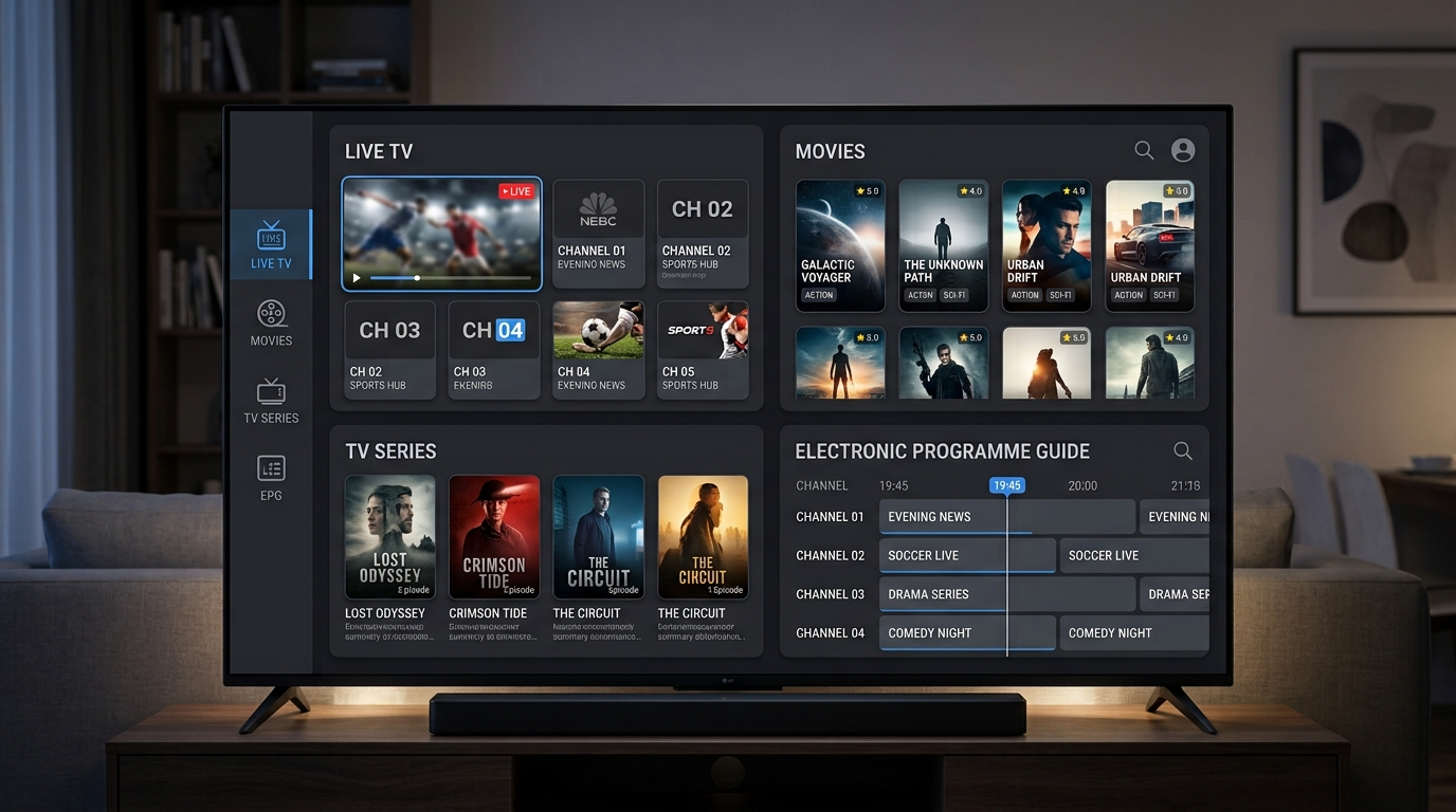 IPTV player interface with live TV movies series and EPG