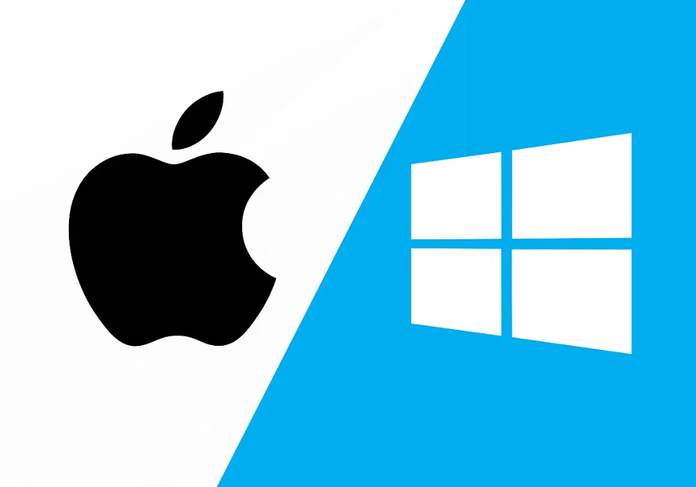 Black Apple logo on a white background next to a white Windows logo on a blue background