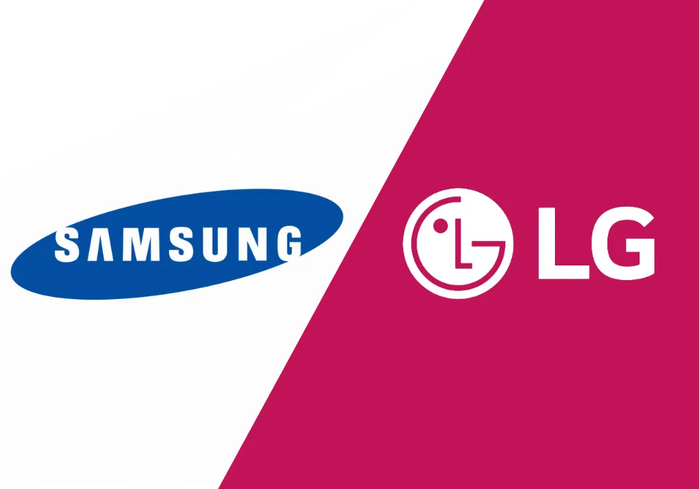Samsung logo on a blue background and LG logo on a red background