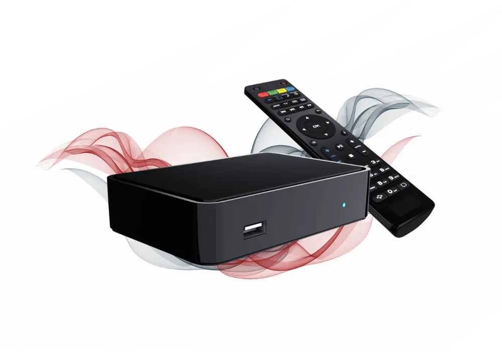 4K IPTV set-top box device and remote control for streaming live TV.