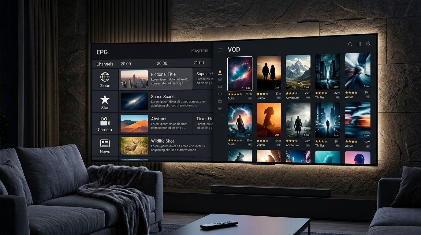 IPTV interface with electronic program guide and video on demand features