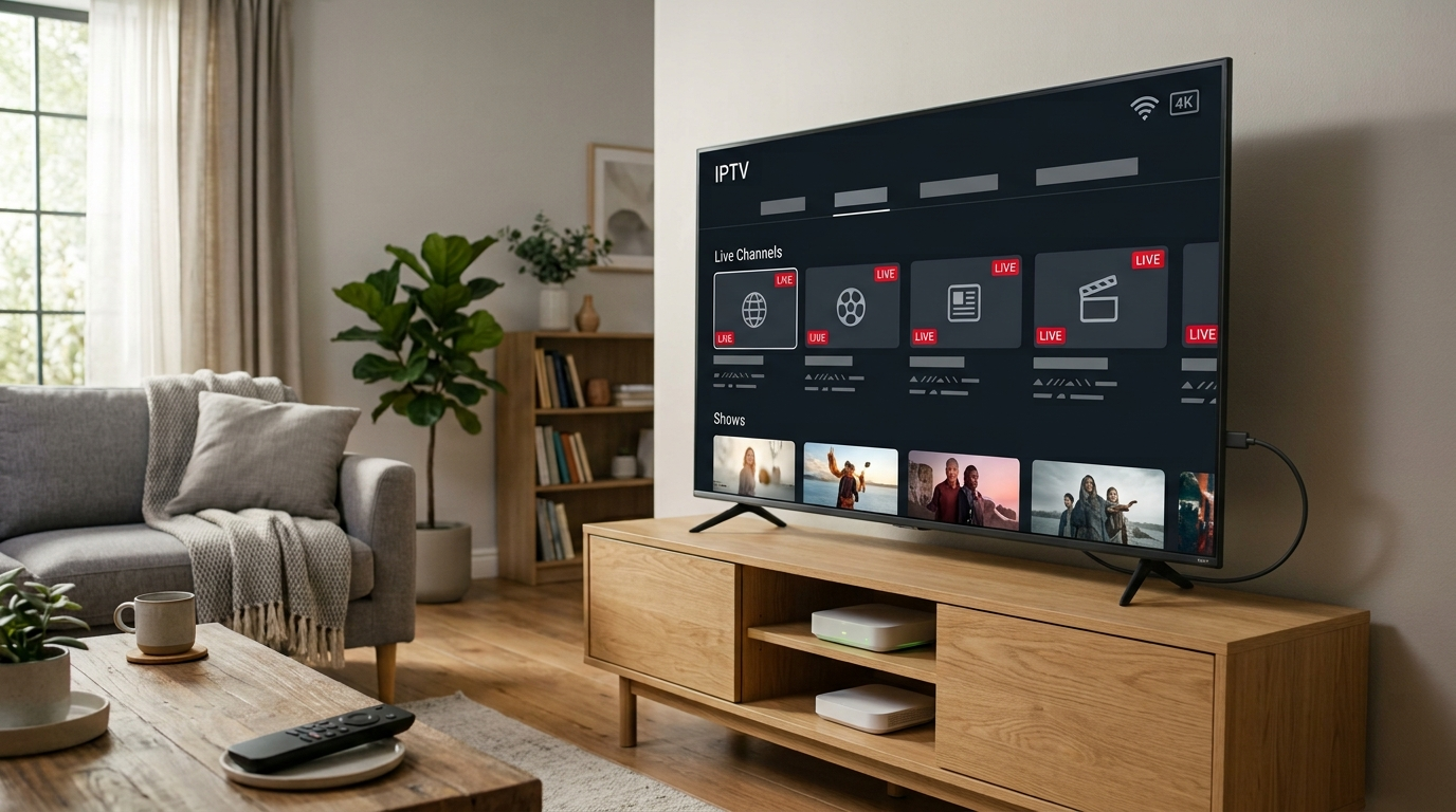 IPTV streaming setup with a Firestick-style streaming device and smart TV